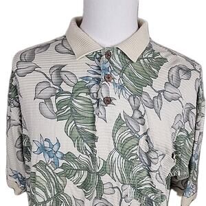 Tommy Bahama Mens Short Sleeve Silk Cotton Blend Polo Shirt Floral Beige Green L